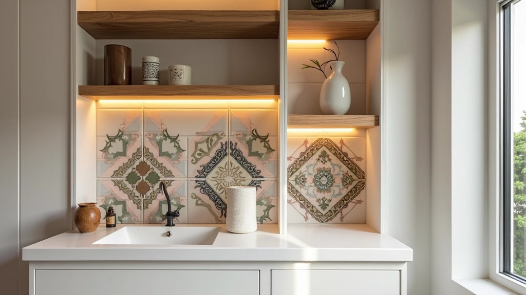 Detalhe de nicho de banheiro revestido em azulejos portugueses coloridos com padrões geométricos, prateleiras em madeira clara, iluminação embutida em LED quente, espaço de armazenamento decorativo