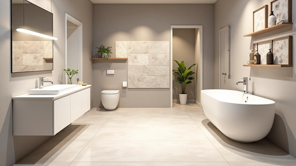 Interior de showroom com exposição de azulejos portugueses, louças sanitárias e fixtures de design, ambiente profissional bem iluminado