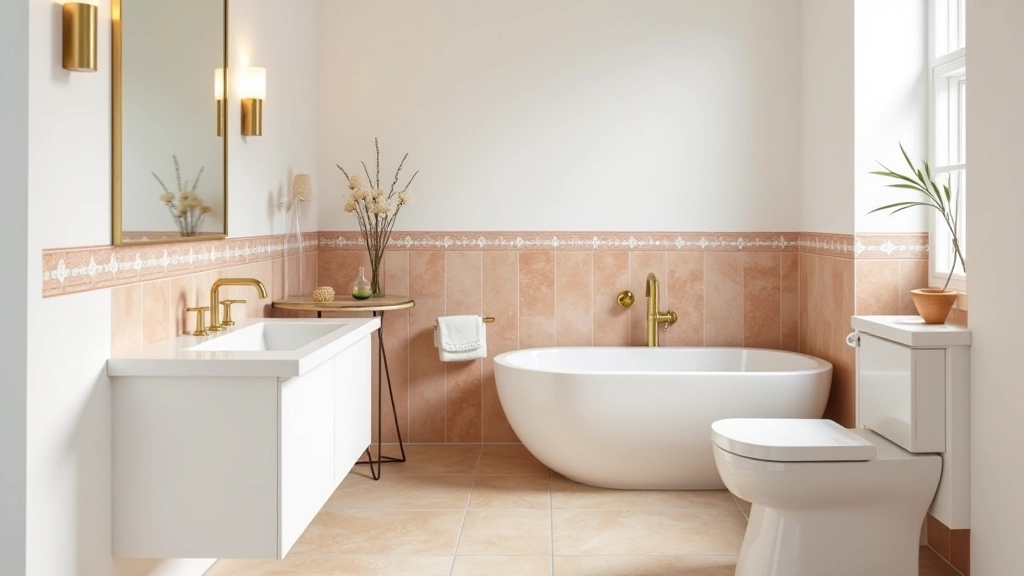 Banheiro elegante com faixa decorativa de azulejos tradicionais portugueses em tons de terracota, parede principal em branco, piso em pedra natural e acessórios vintage em latão