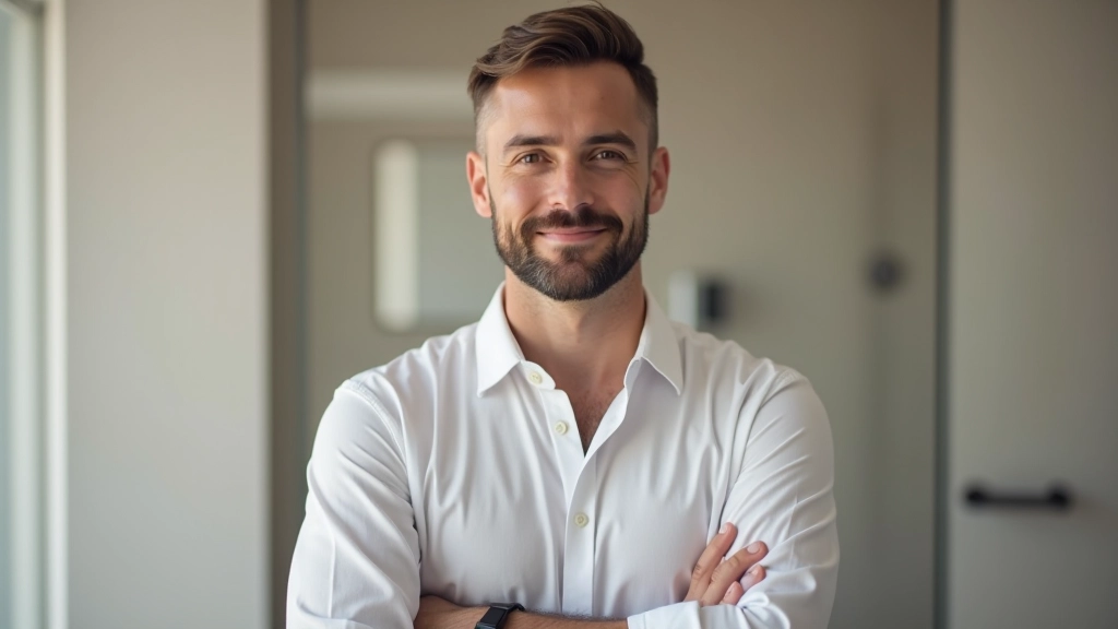 Especialista em azulejos portugueses, homem com expressão profissional, retrato de busto
