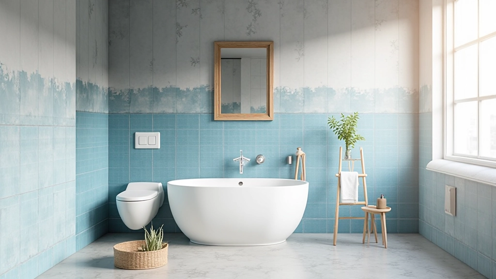 Banheiro minimalista com parede de azulejos portugueses em tons de azul cobalto, pisos em cimento queimado, espelho simples e acessórios em madeira natural