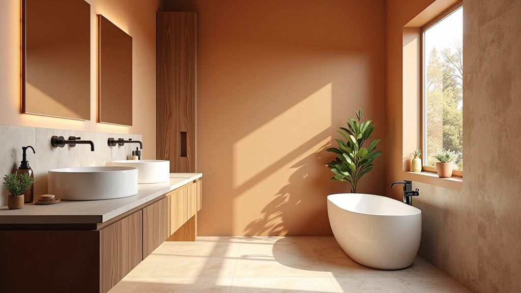 Interior de banheiro contemporâneo com parede decorada em tons quentes, combinando azulejos em padrões português com acabamentos modernos, iluminação natural suave e mobiliário minimalista