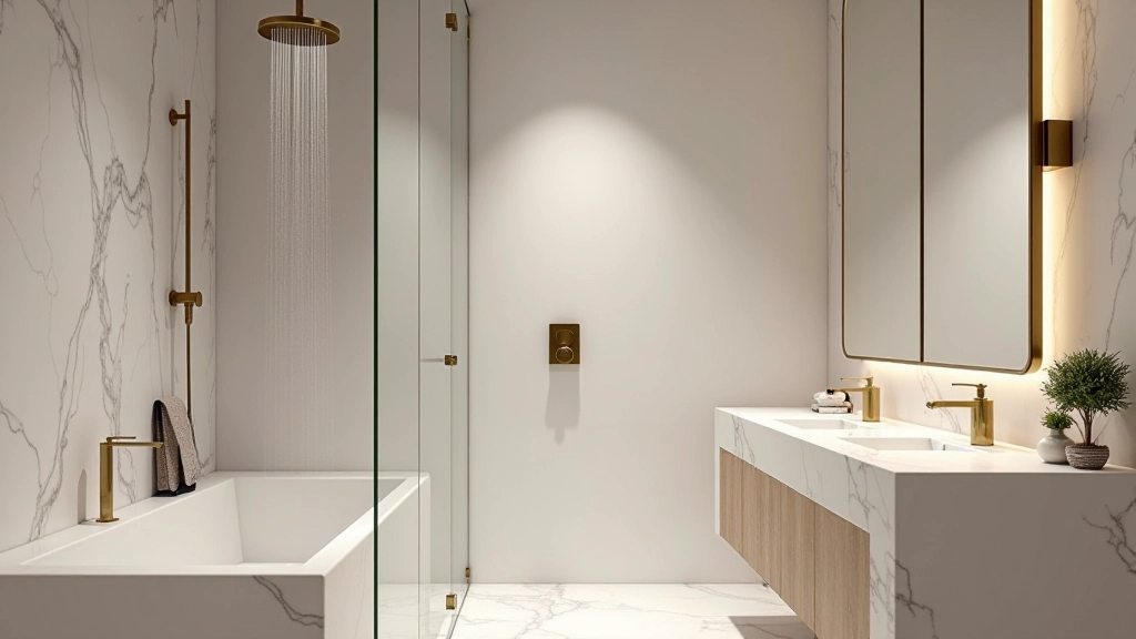 Banheiro com fixtures de design moderno, chuveiro de chuva e acabamentos em latão dourado