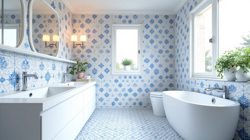 Banheiro moderno com azulejos portugueses e fixtures contemporâneos, design elegante e funcional