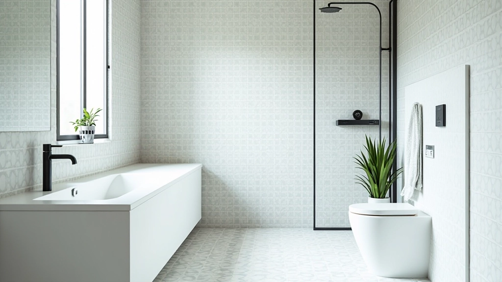 Banheiro moderno com azulejos portugueses e design contemporâneo