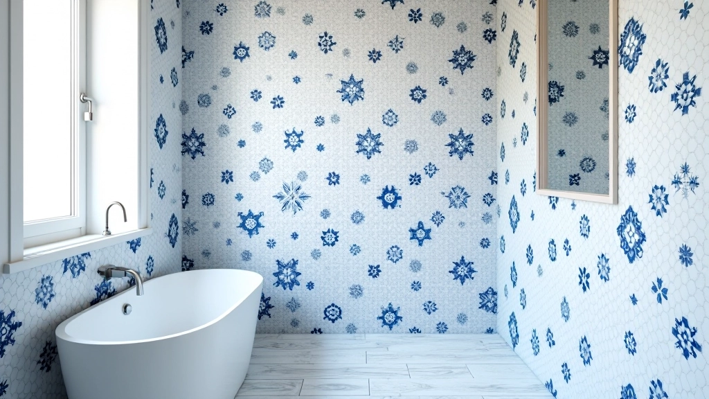 Parede de banheiro com azulejos portugueses tradicionais em tons azuis e brancos