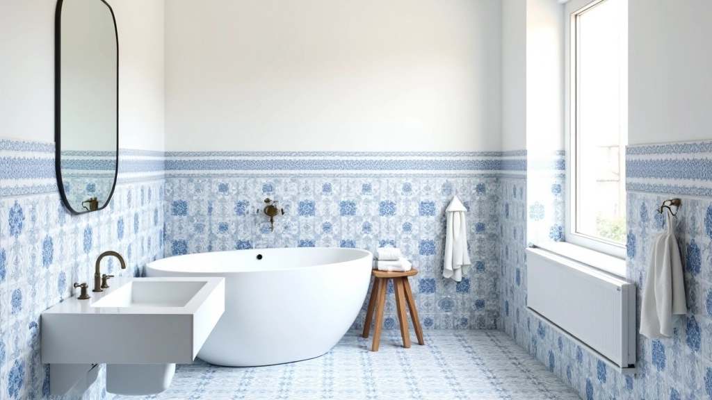 Banheiro com azulejos portugueses em padrão azul e branco, decoração minimalista moderna