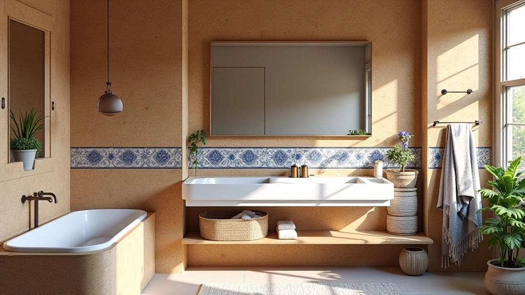 Banheiro inspirado em design português tradicional com elementos contemporâneos
