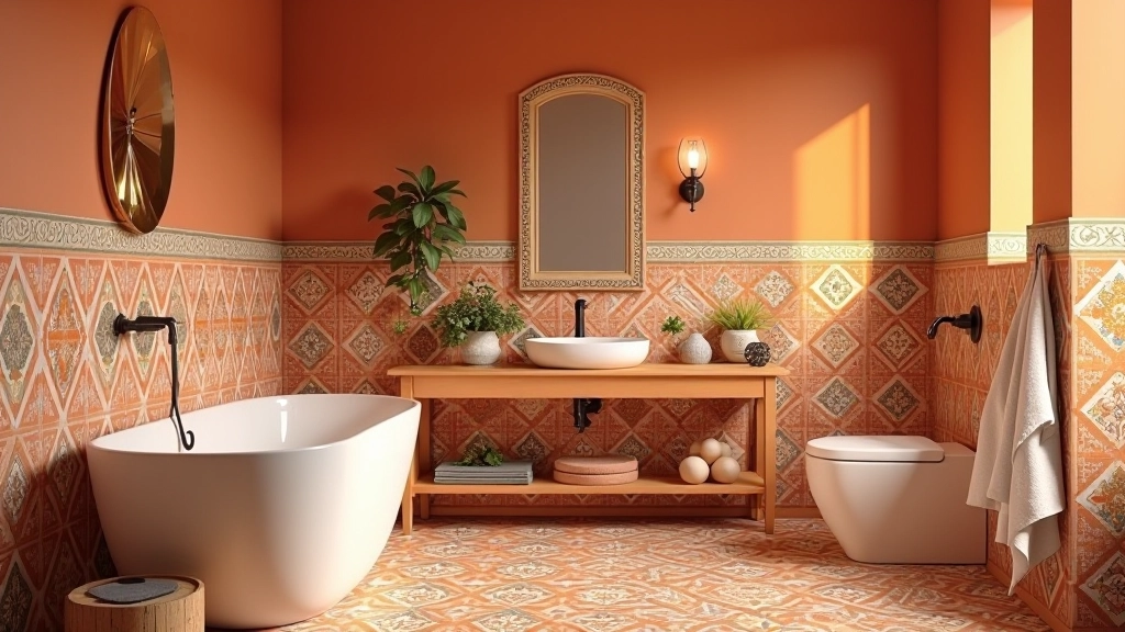 Banheiro com design inspirado em estética portuguesa com cores quentes, azulejos tradicionais e decorações artesanais