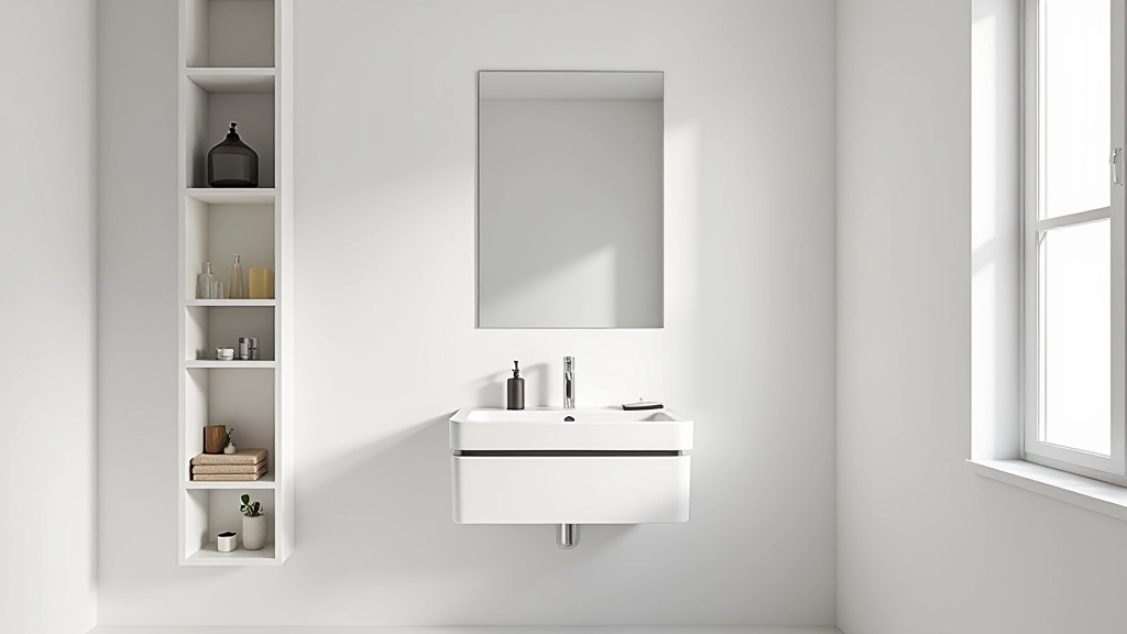 Banheiro pequeno com soluções de organização vertical e espelhos que ampliam o espaço visualmente