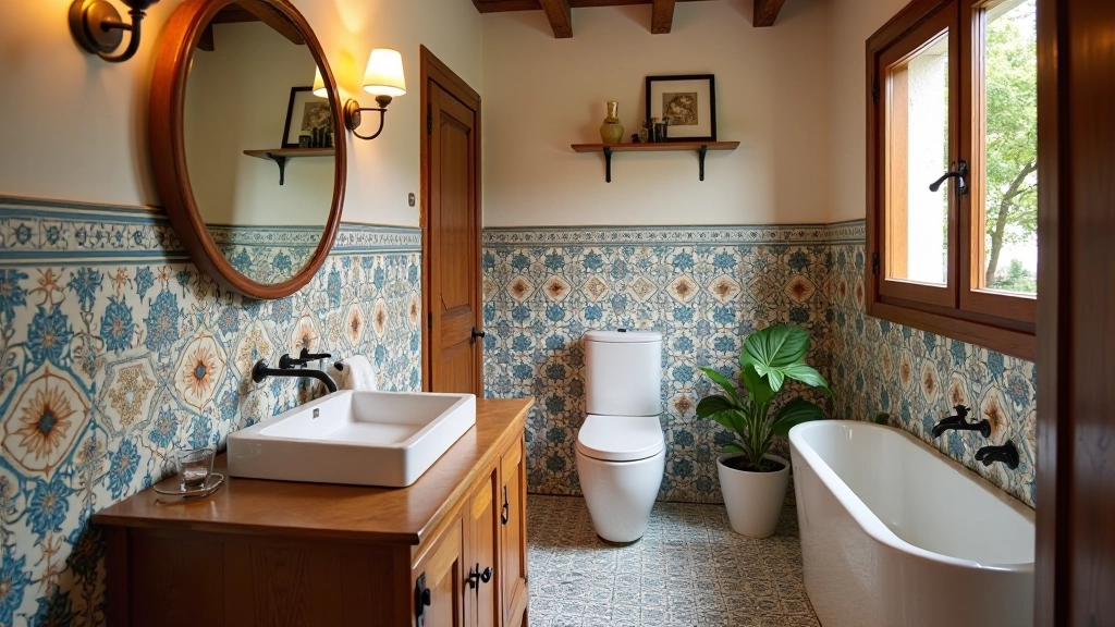 Banheiro português tradicional renovado, combinando azulejos antigos com elementos contemporâneos
