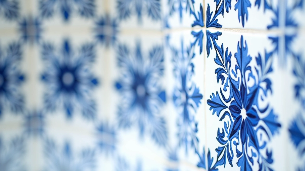 Detalhe de azulejos portugueses tradicionais com padrões geométricos em tons de azul e branco, mostrando a qualidade artesanal e textura dos padrões característicos